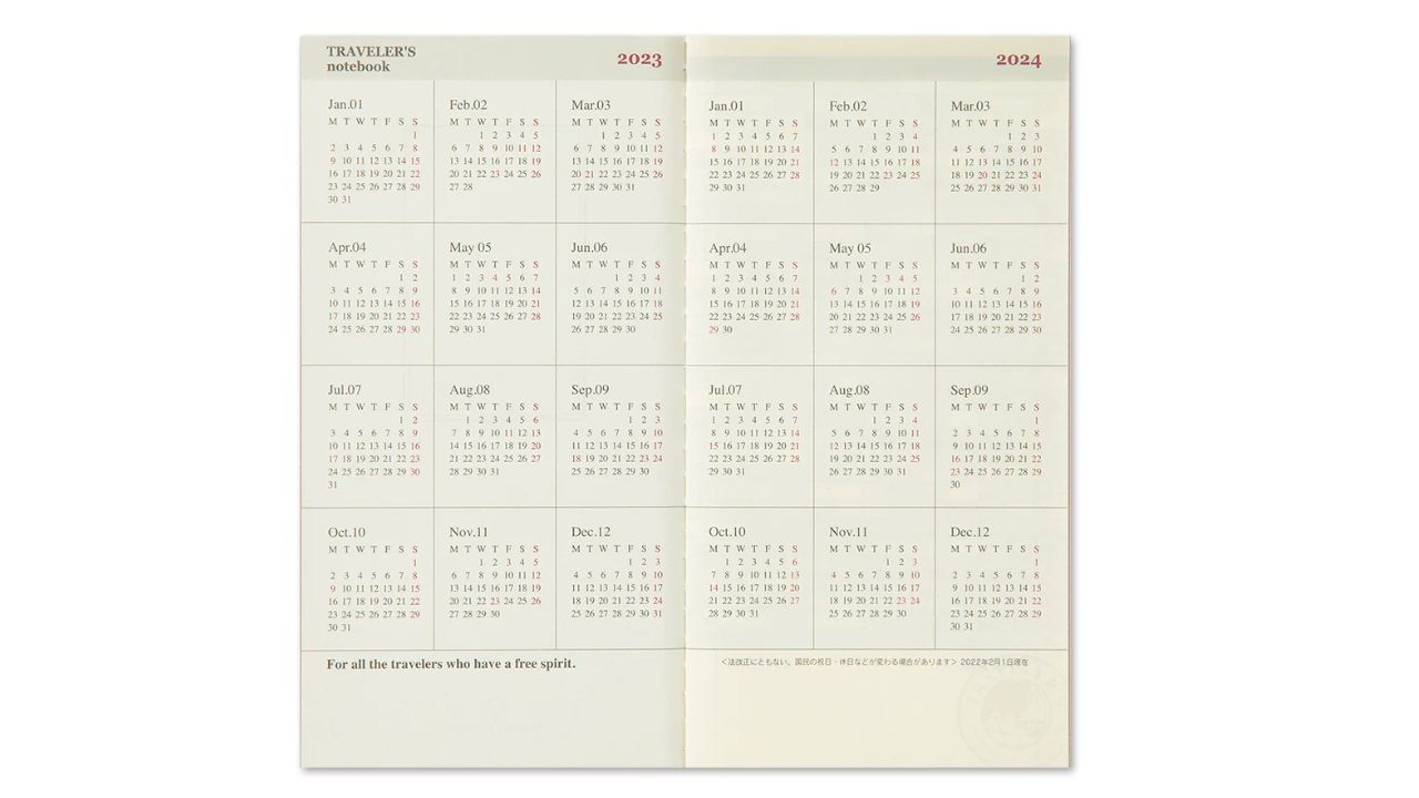 Travelers Notebook Calendar